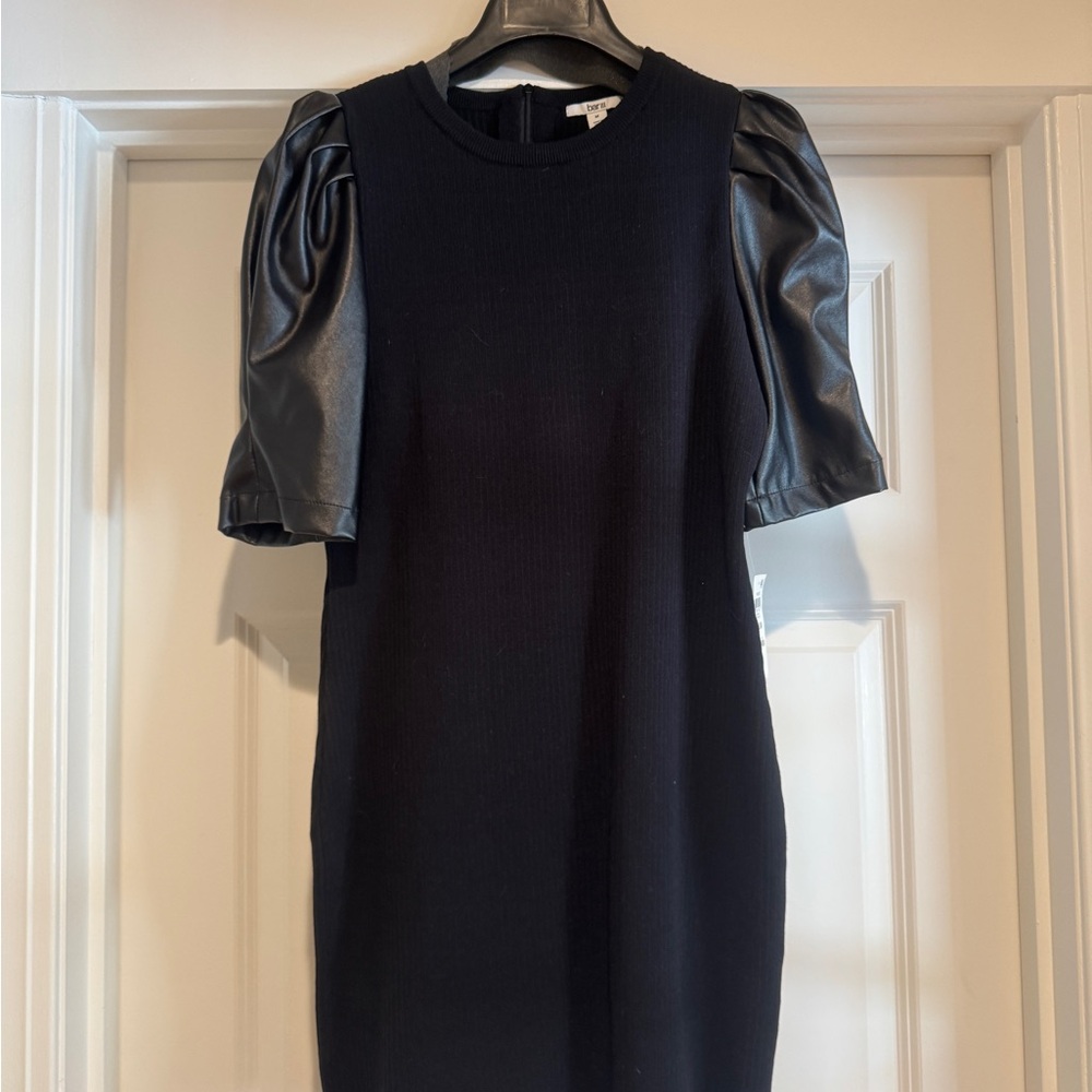 Bar III Elegant Black Mini Dress with Leather Sleeve